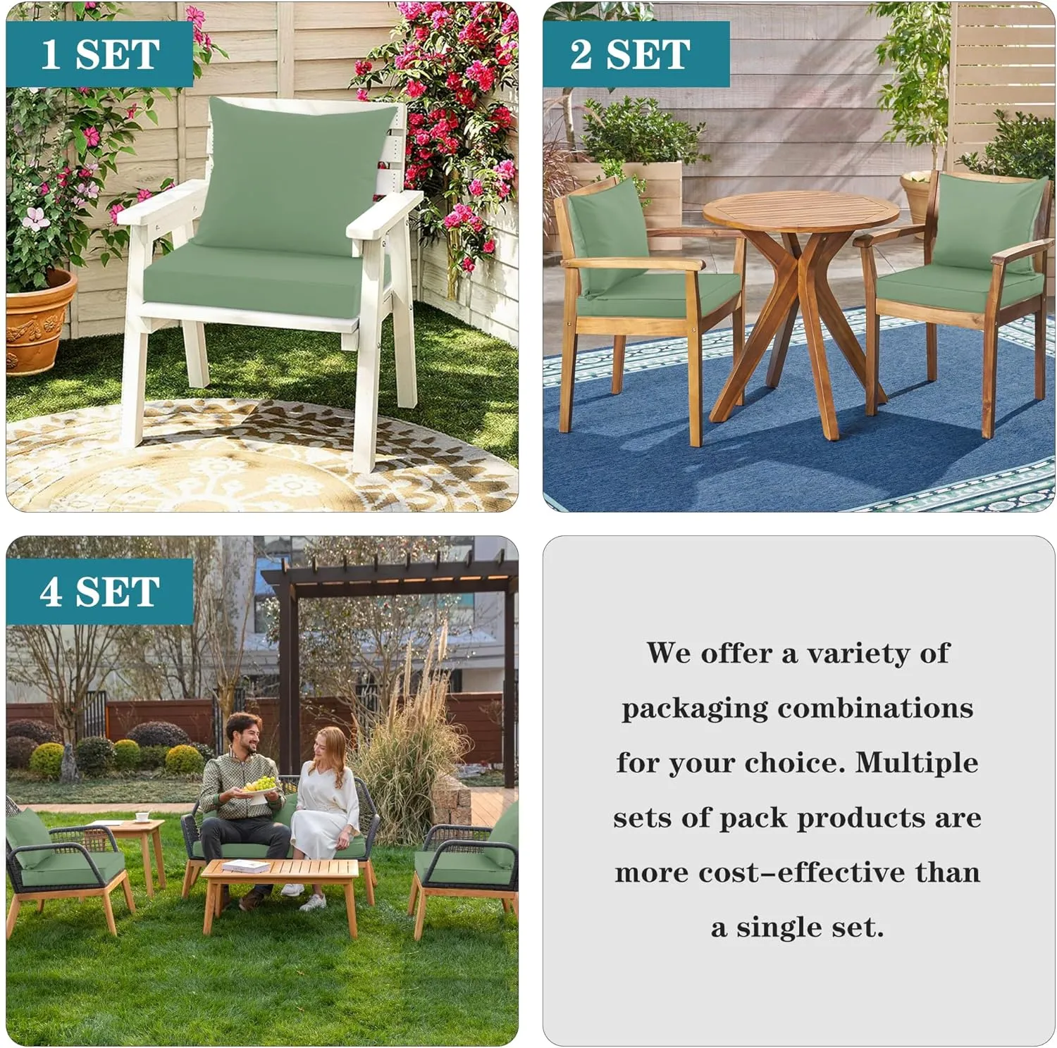 Outdoor Cushions for Patio Furniture, Waterproof Fade and Tear Resistant Deep Seat and Backrest Cushion Set for Chair Couch Swing, 22x22 Inch, Sage Green, 1 Set
