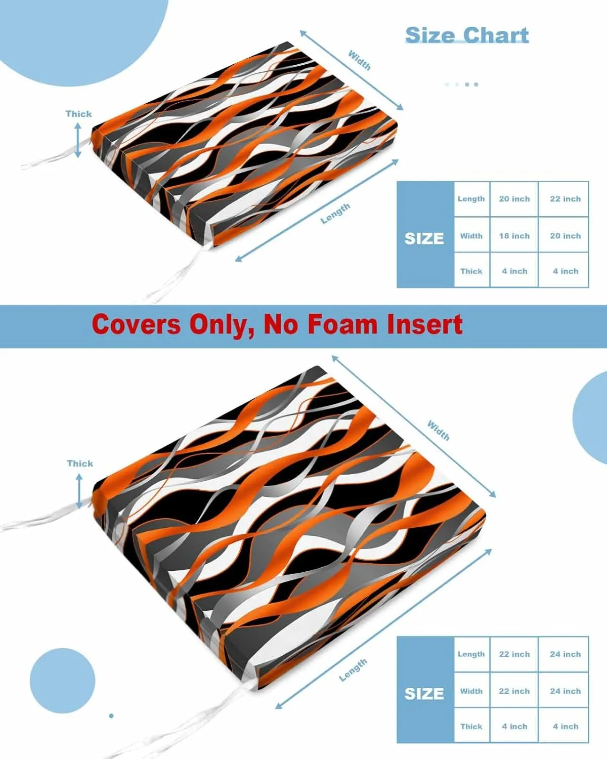 Outdoor Waterproof Cushion Covers Classic Geometric Art Replacement Stretch Seat Slipcover for Patio,Abstract Orange Black White Gray Lines Chair Couch Sofa Cover Furniture Protector Set of 2,24x24IN