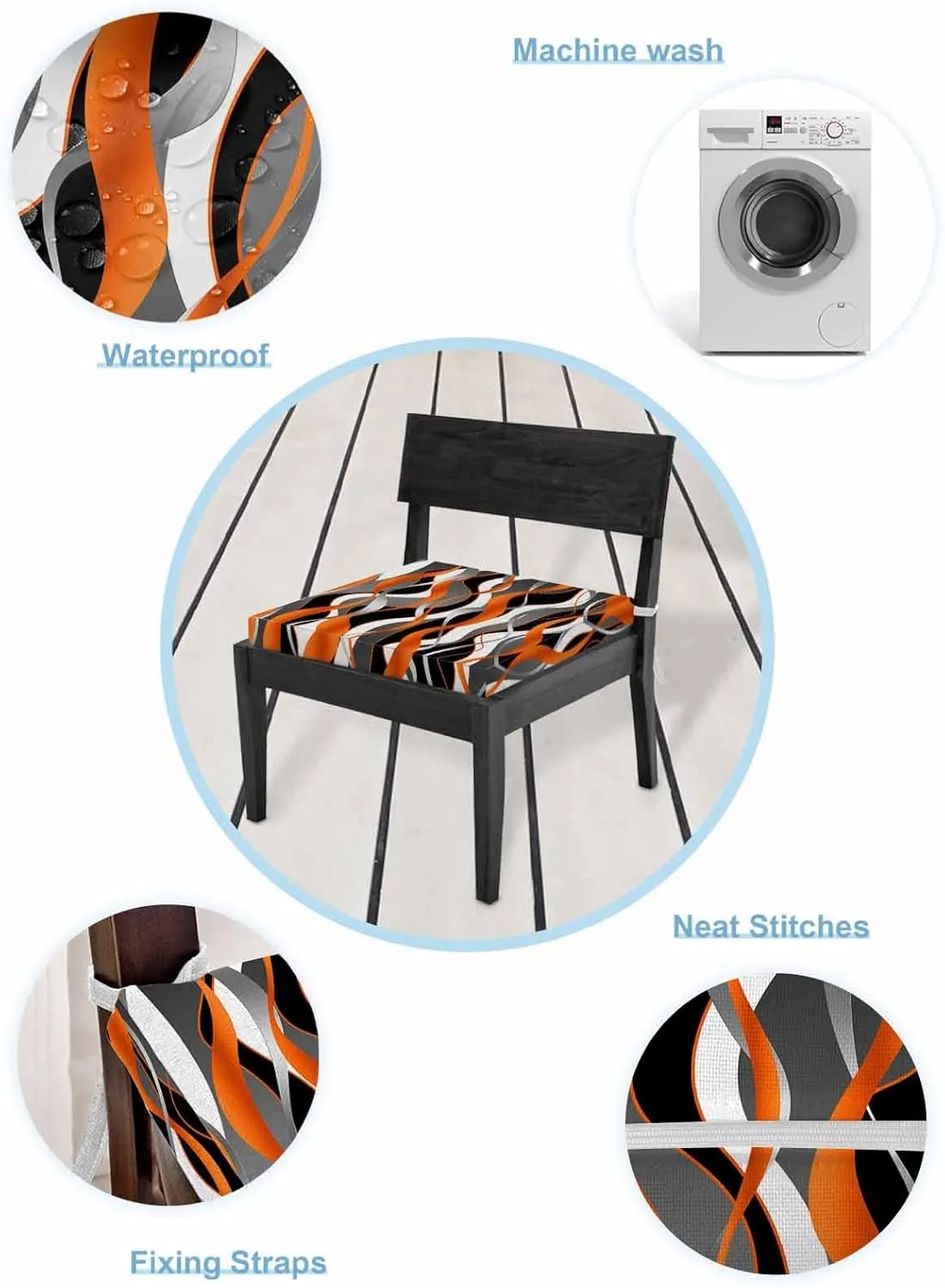 Outdoor Waterproof Cushion Covers Classic Geometric Art Replacement Stretch Seat Slipcover for Patio,Abstract Orange Black White Gray Lines Chair Couch Sofa Cover Furniture Protector Set of 2,24x24IN