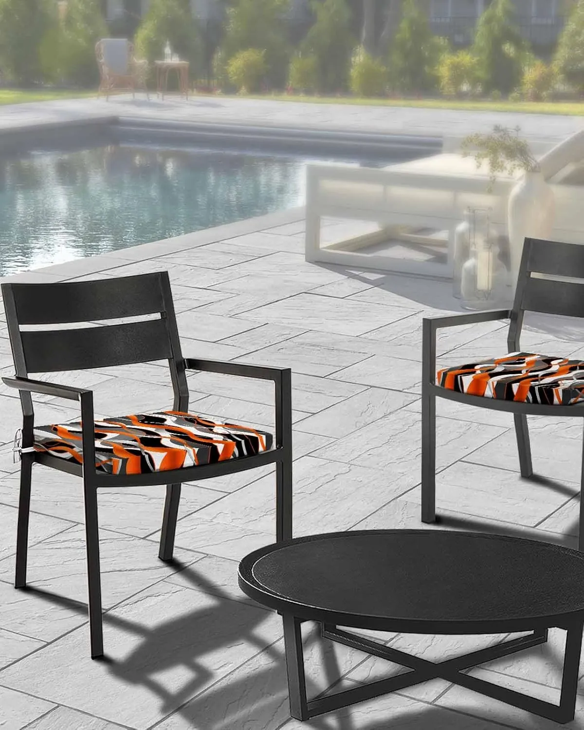 Outdoor Waterproof Cushion Covers Classic Geometric Art Replacement Stretch Seat Slipcover for Patio,Abstract Orange Black White Gray Lines Chair Couch Sofa Cover Furniture Protector Set of 2,24x24IN