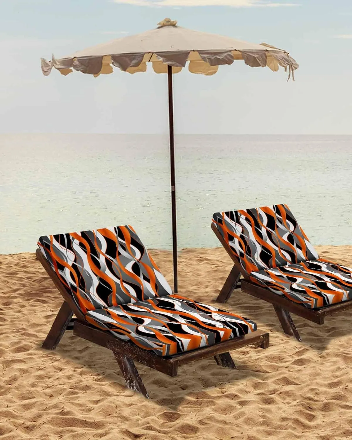 Outdoor Waterproof Cushion Covers Classic Geometric Art Replacement Stretch Seat Slipcover for Patio,Abstract Orange Black White Gray Lines Chair Couch Sofa Cover Furniture Protector Set of 2,24x24IN