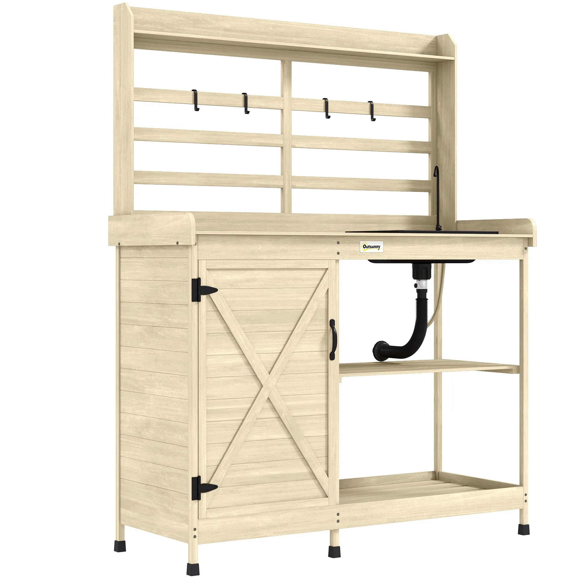 Outdoor Wooden Potting Bench w/Sink and Water Tap,Storage Cabinet & Drawer Shelves, Natural