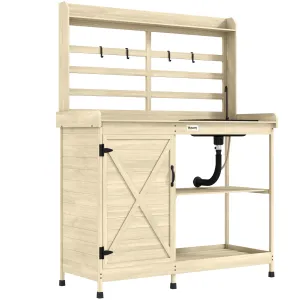 Outdoor Wooden Potting Bench w/Sink and Water Tap,Storage Cabinet & Drawer Shelves, Natural