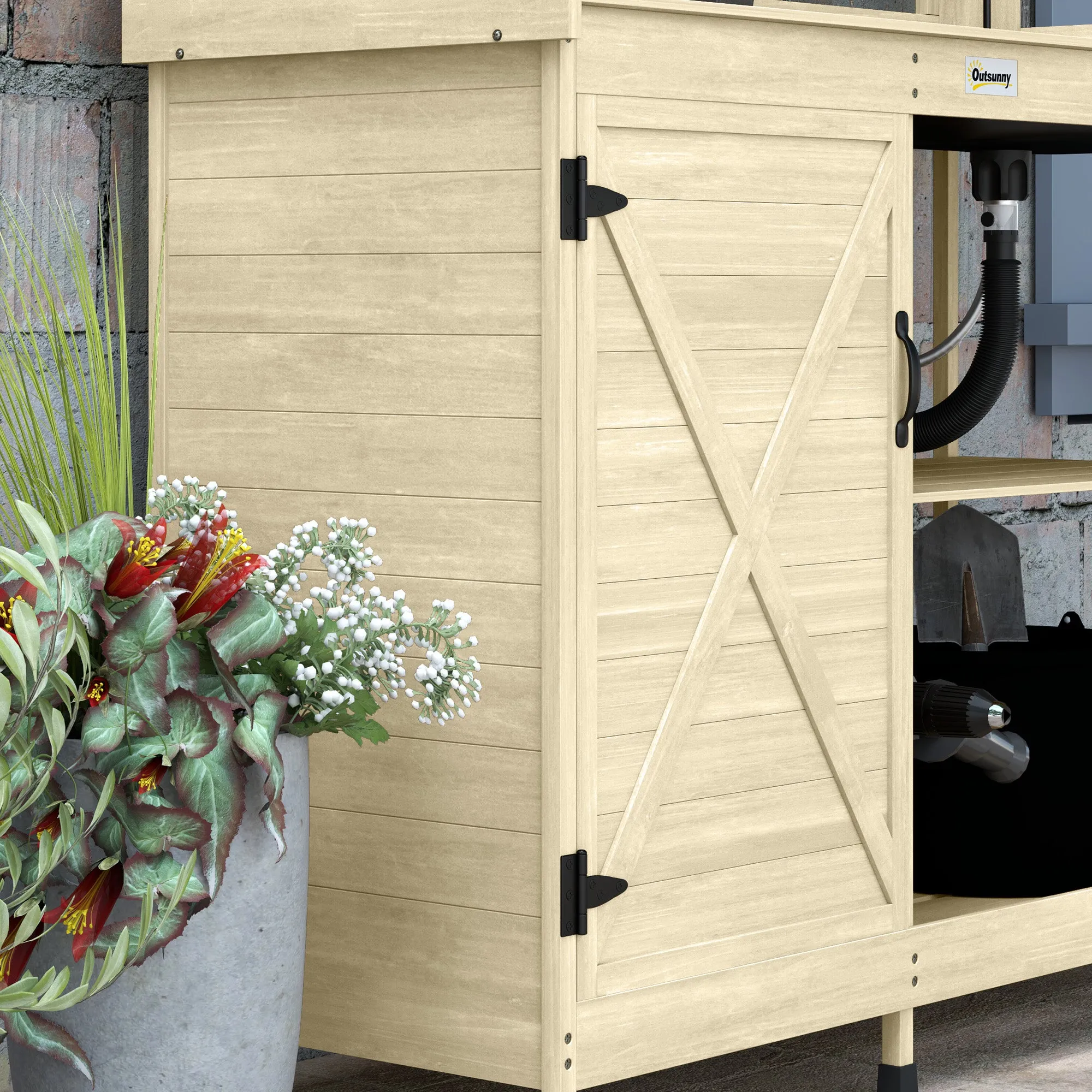 Outdoor Wooden Potting Bench w/Sink and Water Tap,Storage Cabinet & Drawer Shelves, Natural