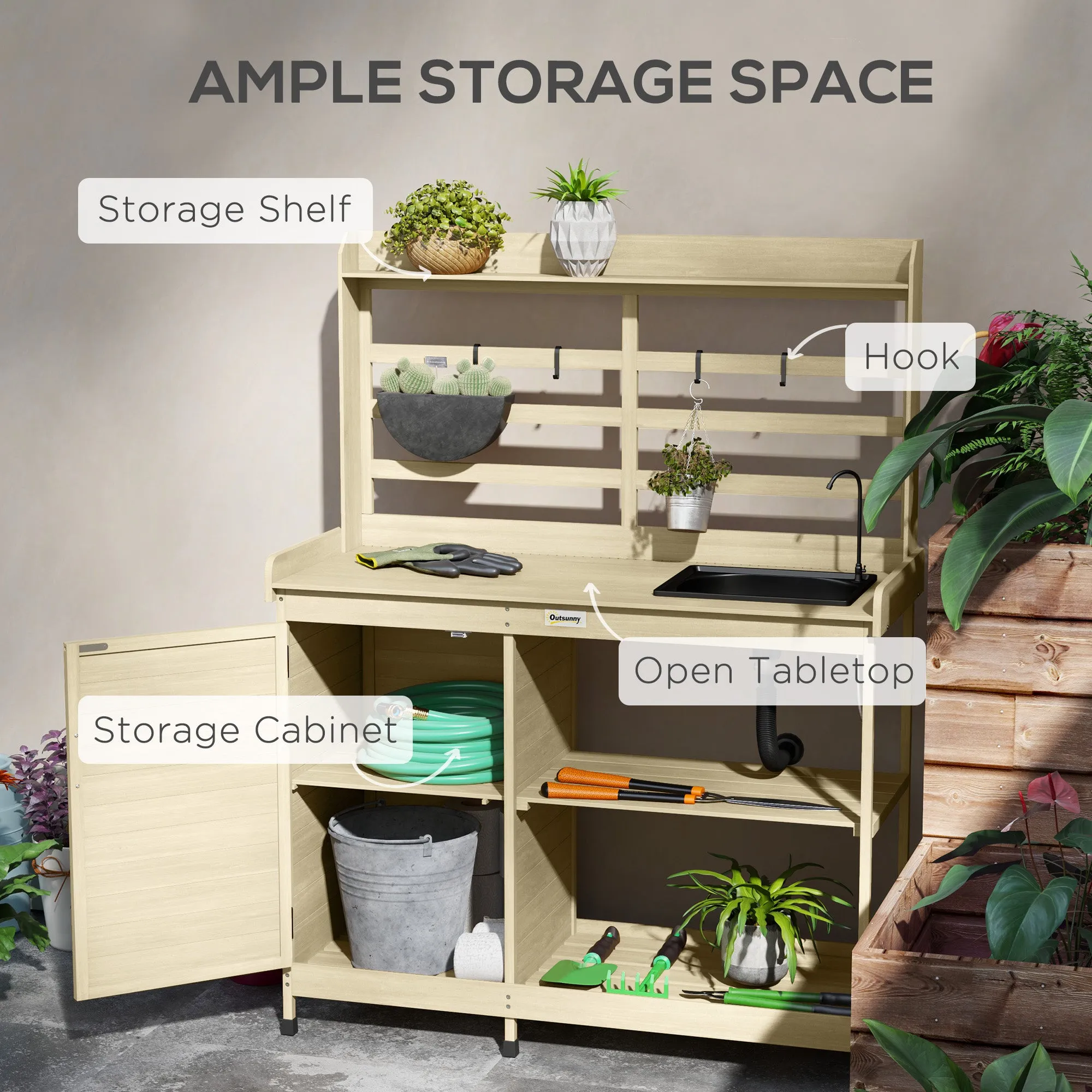 Outdoor Wooden Potting Bench w/Sink and Water Tap,Storage Cabinet & Drawer Shelves, Natural