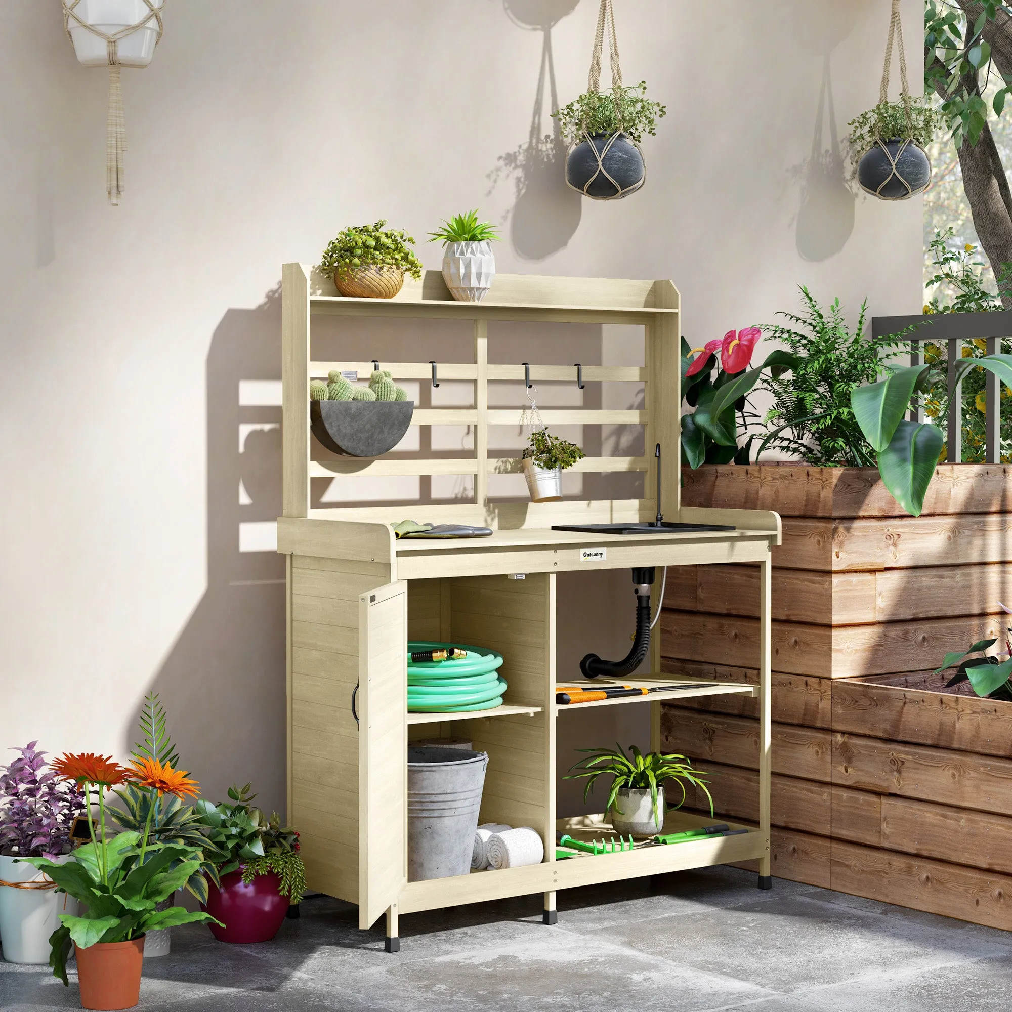 Outdoor Wooden Potting Bench w/Sink and Water Tap,Storage Cabinet & Drawer Shelves, Natural