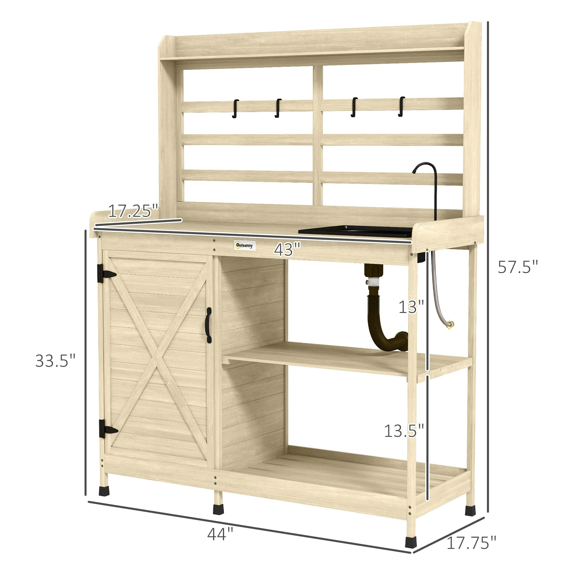 Outdoor Wooden Potting Bench w/Sink and Water Tap,Storage Cabinet & Drawer Shelves, Natural