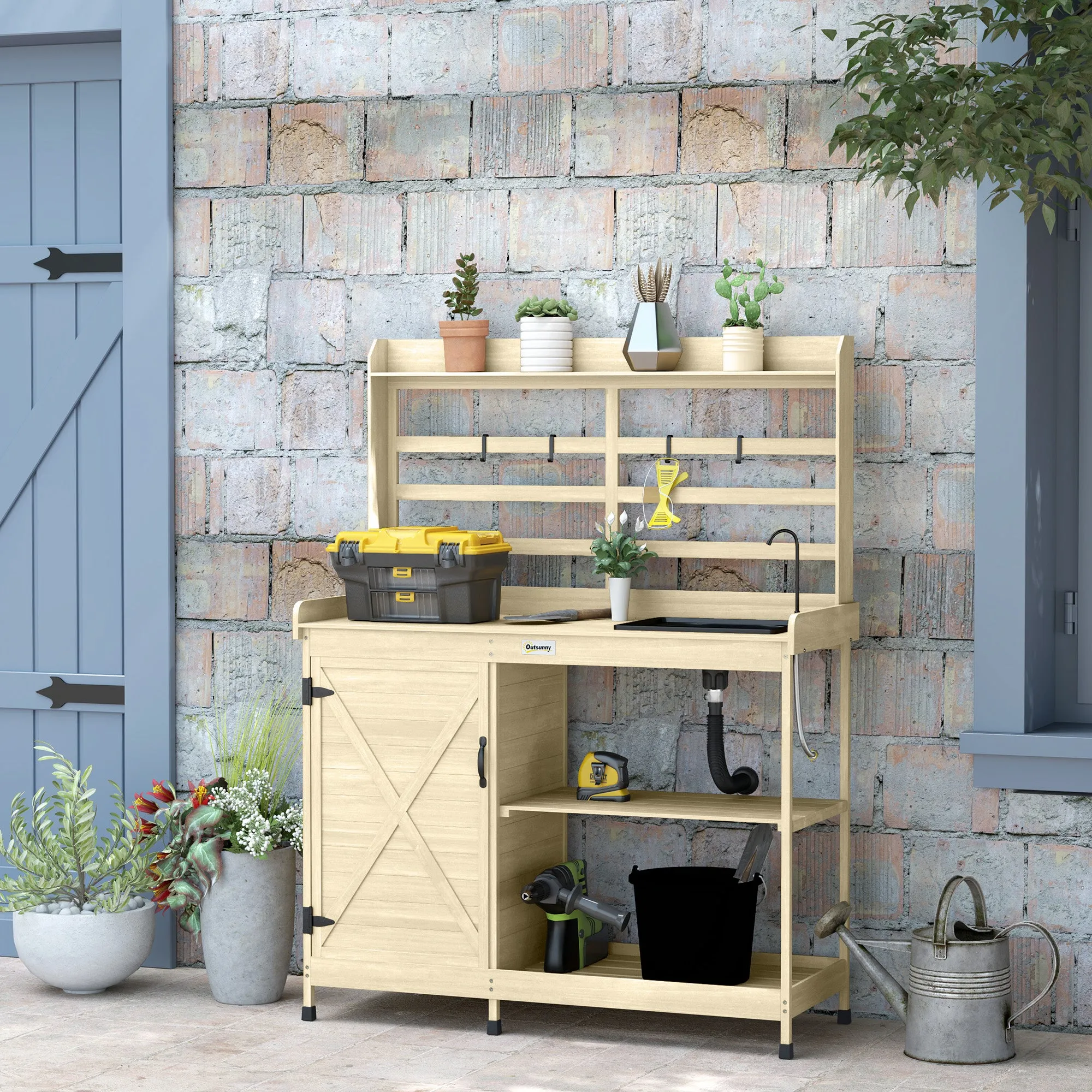 Outdoor Wooden Potting Bench w/Sink and Water Tap,Storage Cabinet & Drawer Shelves, Natural