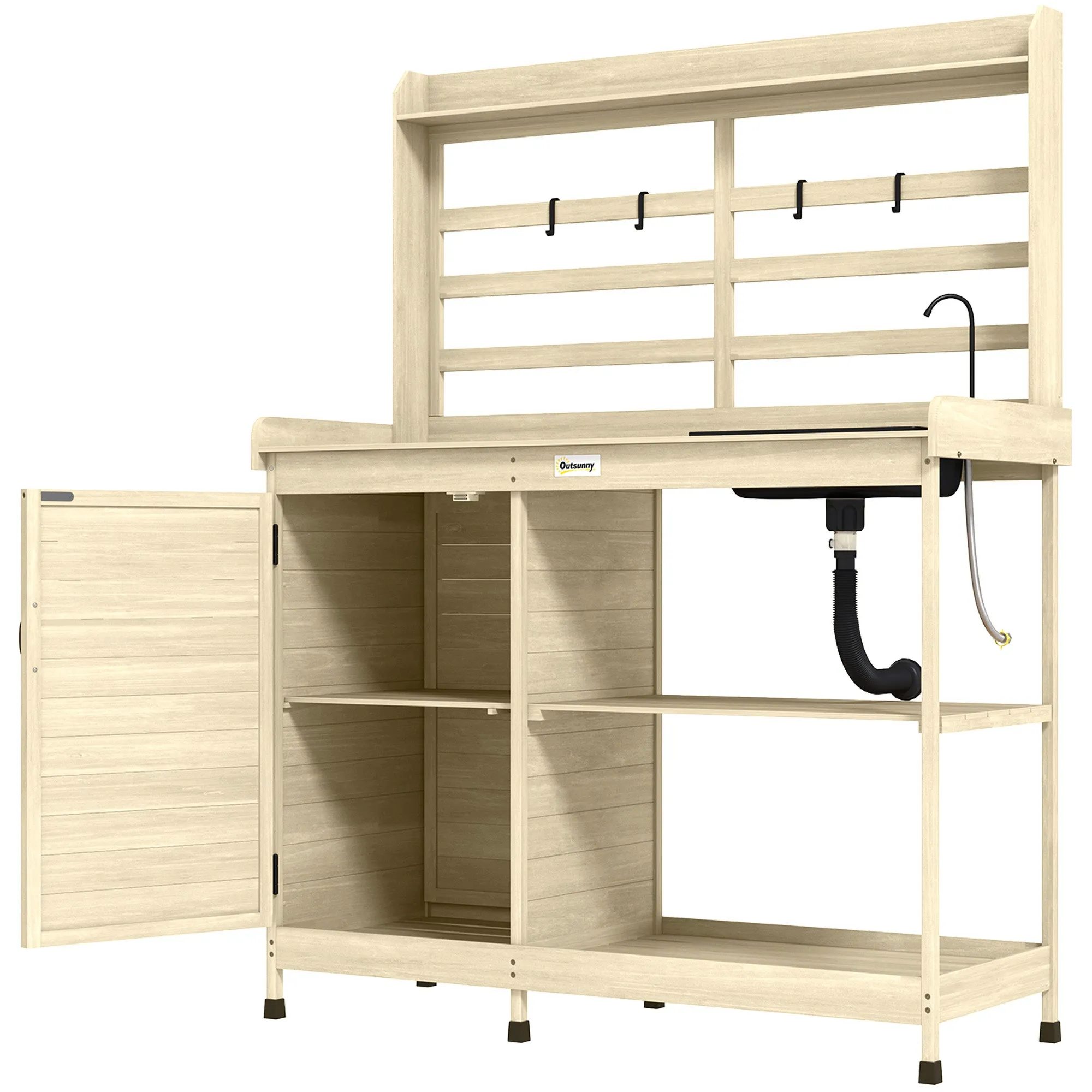 Outdoor Wooden Potting Bench w/Sink and Water Tap,Storage Cabinet & Drawer Shelves, Natural