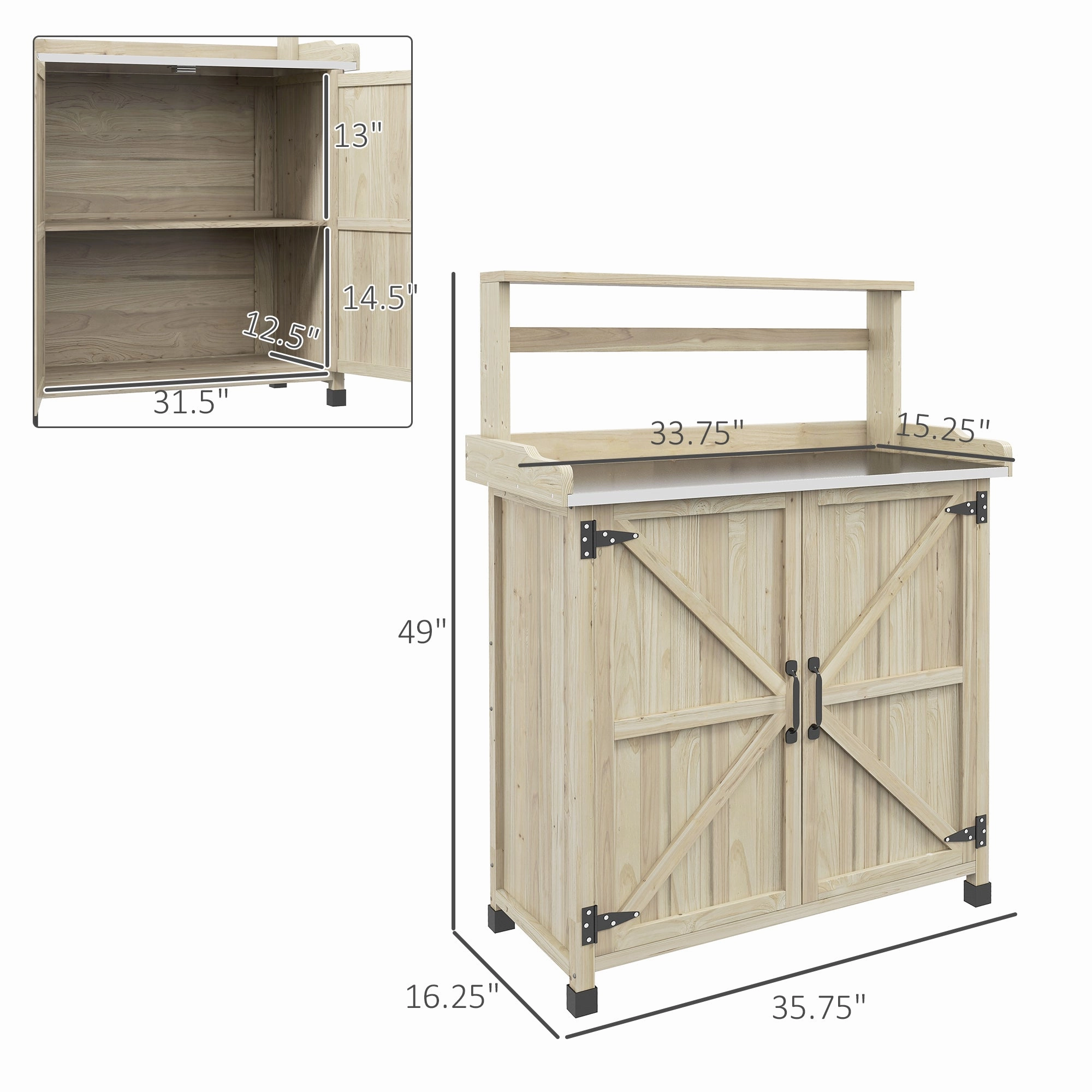 Outdoor Potting Bench Table with Storage Cabinet, Aluminum Tabletop, Rubber Wheels, Natural