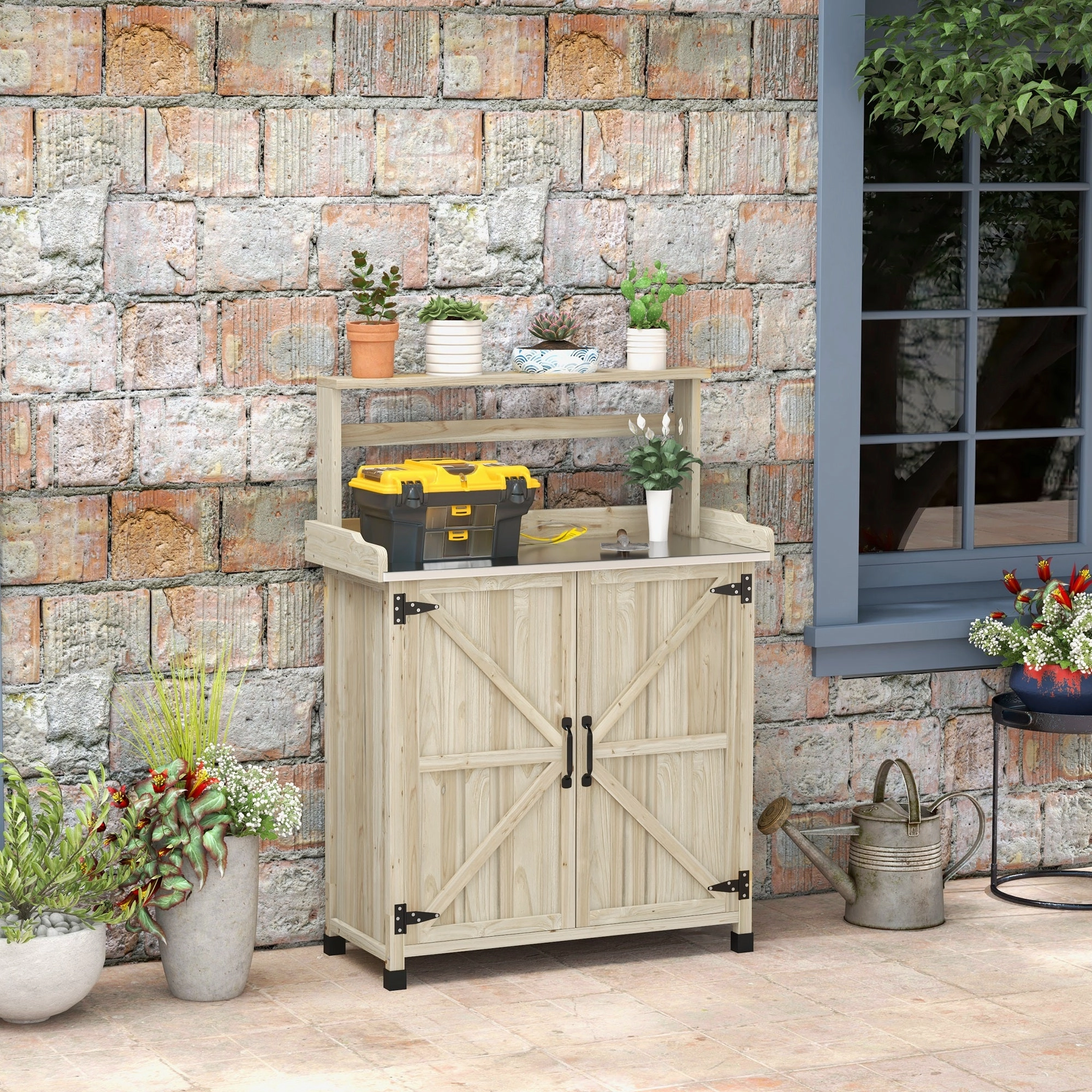 Outdoor Potting Bench Table with Storage Cabinet, Aluminum Tabletop, Rubber Wheels, Natural