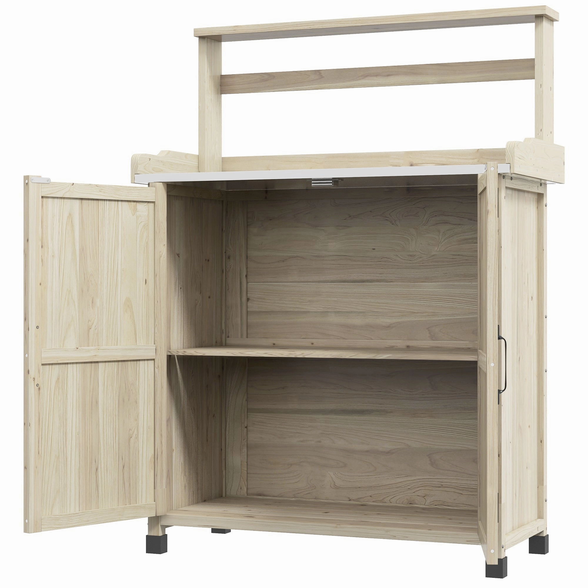 Outdoor Potting Bench Table with Storage Cabinet, Aluminum Tabletop, Rubber Wheels, Natural