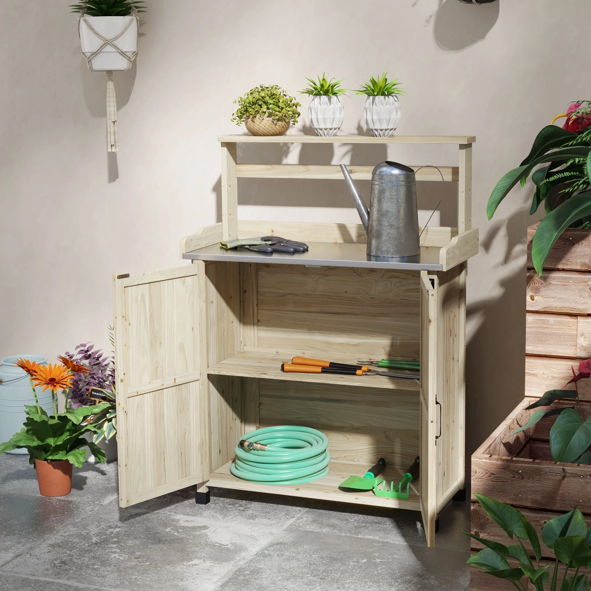 Outdoor Potting Bench Table with Storage Cabinet, Aluminum Tabletop, Rubber Wheels, Natural