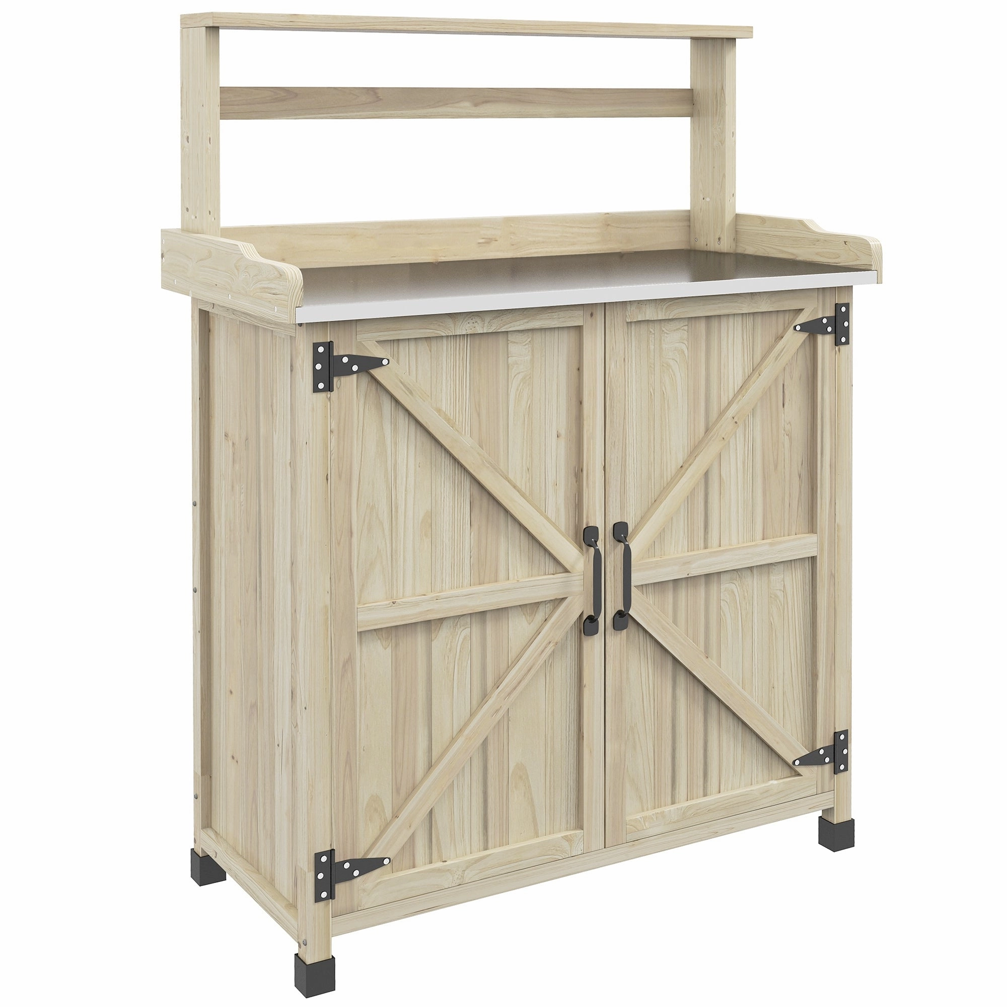 Outdoor Potting Bench Table with Storage Cabinet, Aluminum Tabletop, Rubber Wheels, Natural