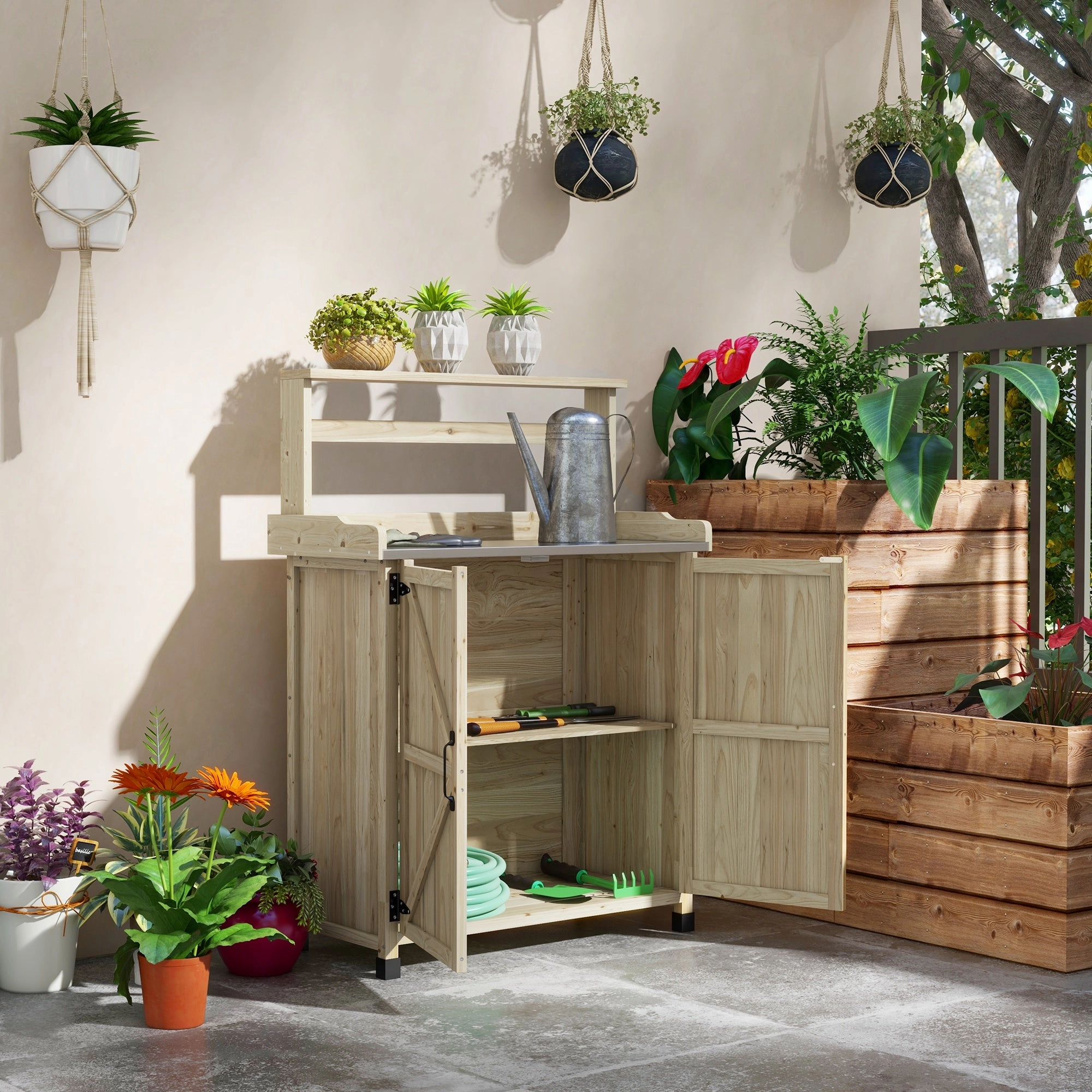 Outdoor Potting Bench Table with Storage Cabinet, Aluminum Tabletop, Rubber Wheels, Natural