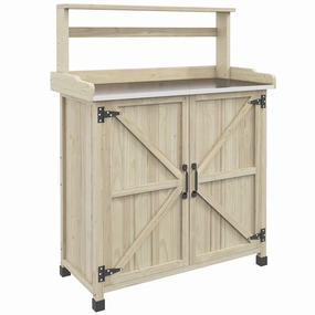 Outdoor Potting Bench Table with Storage Cabinet, Aluminum Tabletop, Rubber Wheels, Natural
