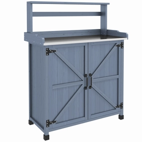 Outdoor Potting Bench with Storage Cabinet, Shelves, Galvanized Plated Tabletop, Gray