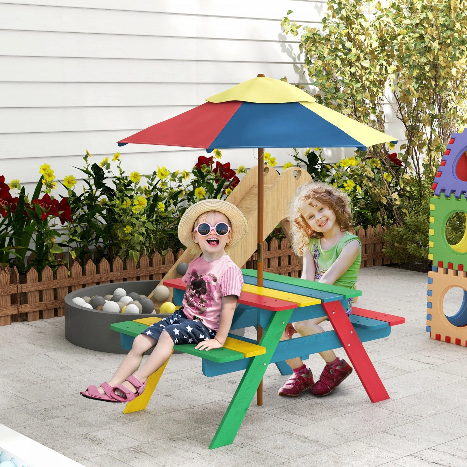 Outsunny Kids Picnic Table Bench Set With Removable Umbrella, Outdoor Wooden Kids Table And Chair Se|Outsunny Ensemble De Table De Pique-nique Pour Enfants Avec Parasol Amovible, Table Et Chaises D'ext