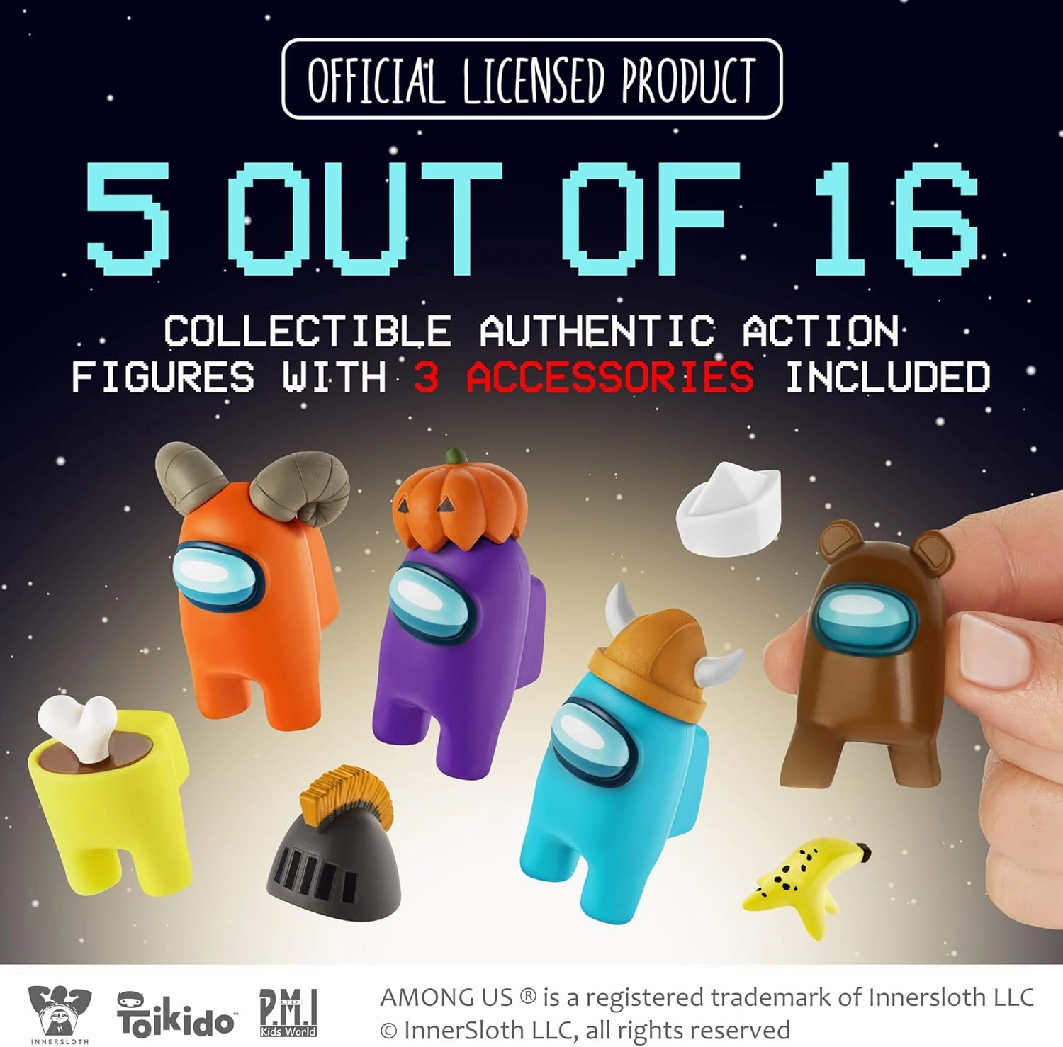 P.M.I. Among Us Crewmate Figures | 5 Among Us Toys Out of 16 Collectibles in 1 Pack | Among Us Merch Incl. The Peeled and The Clogged | 1 Hidden Impostor | Mini Toys with 3 Add’l Hats | Kids’ Toys