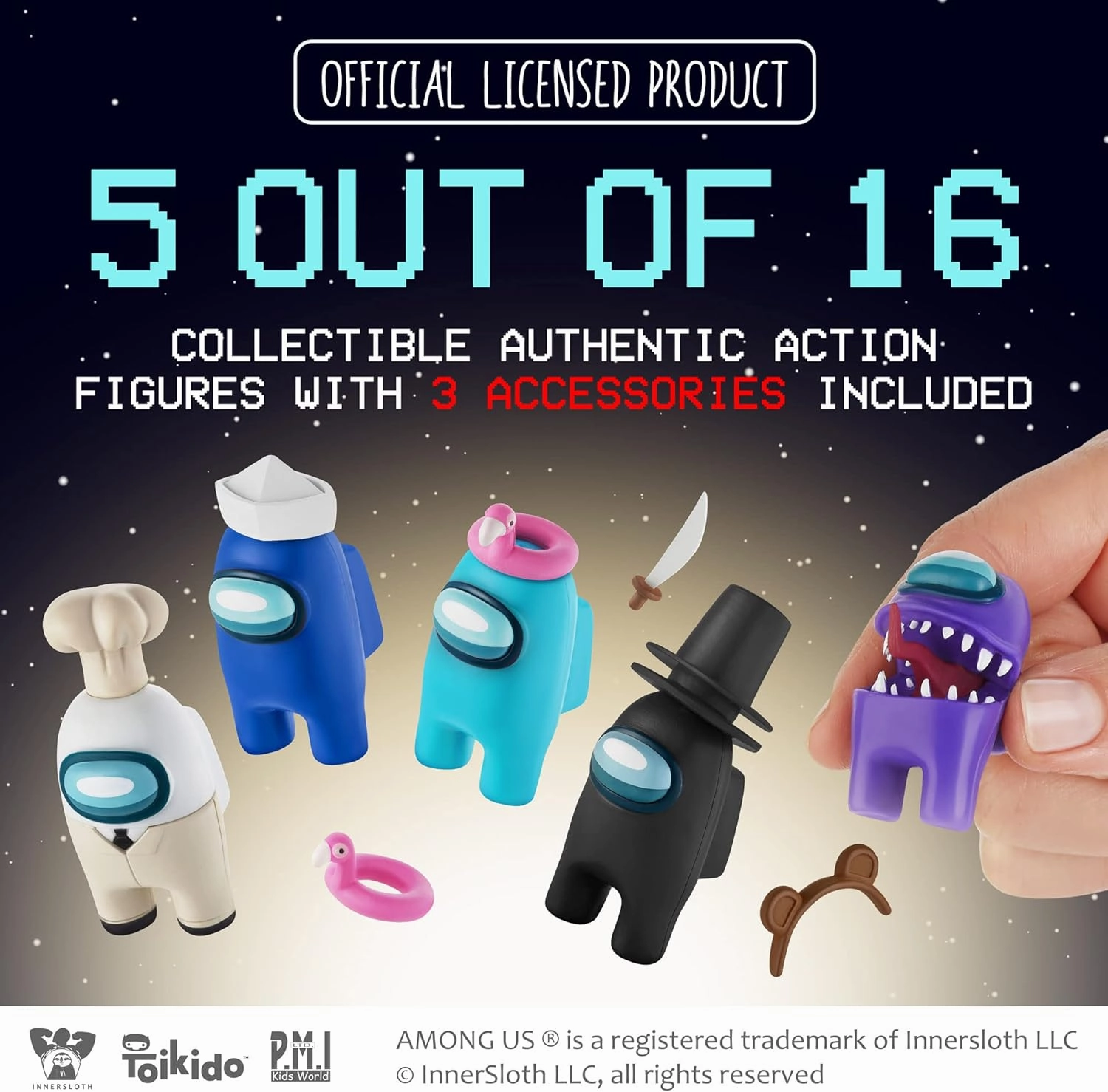 P.M.I. Among Us Crewmate Figures | 5 Among Us Toys Out of 16 Collectibles in 1 Pack | Among Us Merch Incl. The Peeled and The Clogged | 1 Hidden Impostor | Mini Toys with 3 Add’l Hats | Kids’ Toys