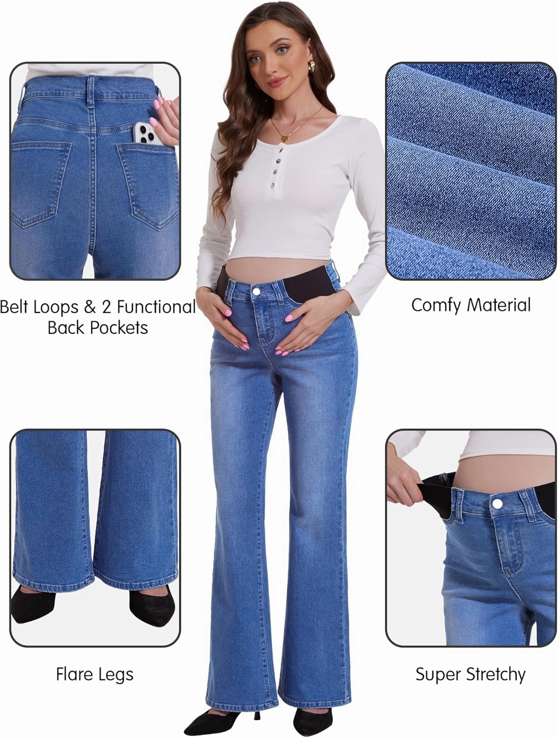 PACBREEZE Women's Maternity Flare Jeans Mid-Rise Stretchy Bell Bootcut Jeans Denim Pregnancy Pants, S-XXL
