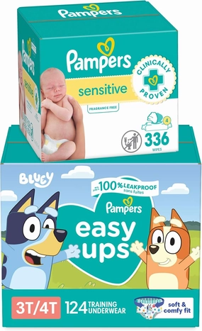 Pampers Easy Ups Bluey Pull On Training Pants Boys and Girls, 3T-4T, 124 Count with Sensitive Water Based Baby Wipes 4X Pop-Top Packs (336 Count)