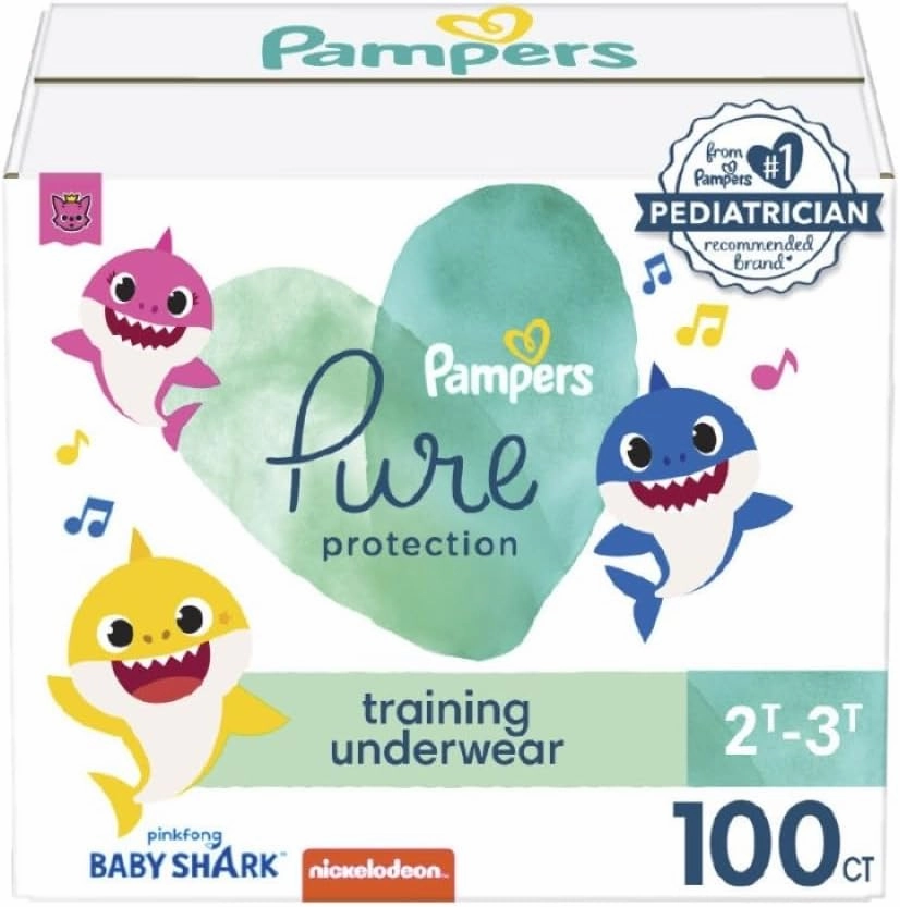 Pampers Training Pants - Pure Protection - Size 2T-3T, 100 Count, Baby Shark Premium Hypoallergenic Potty Underwear