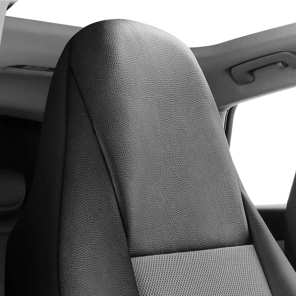 P&J AUTO Leather and Mesh High Back Car Seat Cover Full Set Integrated Bucket Seat Airbag Compatible (Grey)