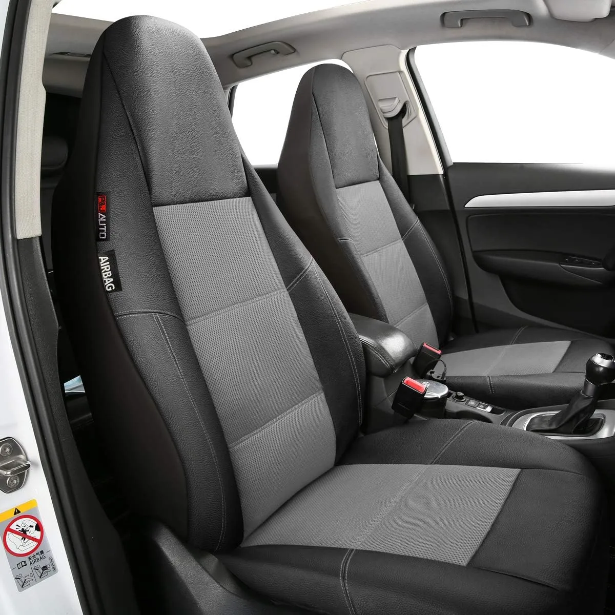 P&J AUTO Leather and Mesh High Back Car Seat Cover Full Set Integrated Bucket Seat Airbag Compatible (Grey)