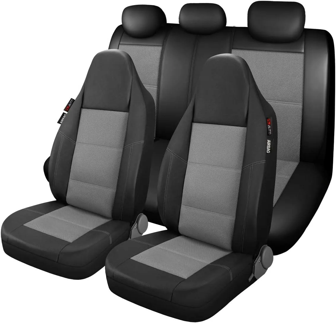 P&J AUTO Leather and Mesh High Back Car Seat Cover Full Set Integrated Bucket Seat Airbag Compatible (Grey)