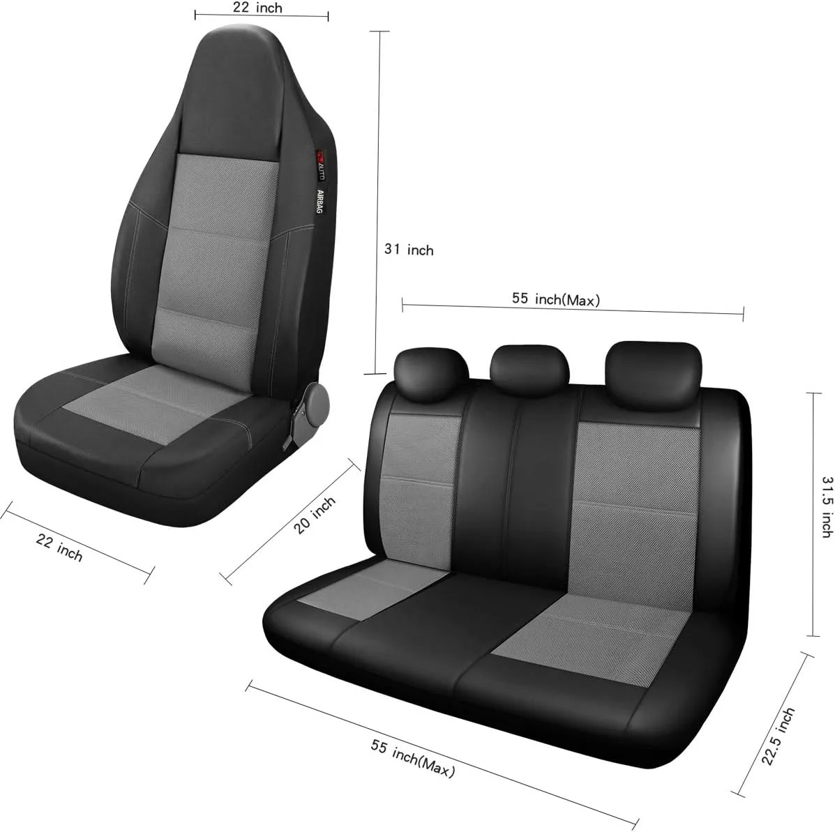 P&J AUTO Leather and Mesh High Back Car Seat Cover Full Set Integrated Bucket Seat Airbag Compatible (Grey)