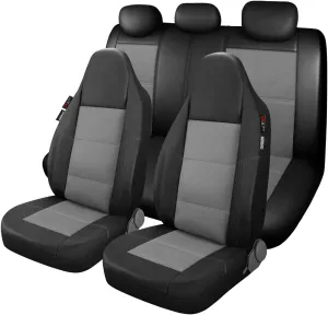 P&J AUTO Leather and Mesh High Back Car Seat Cover Full Set Integrated Bucket Seat Airbag Compatible (Grey)