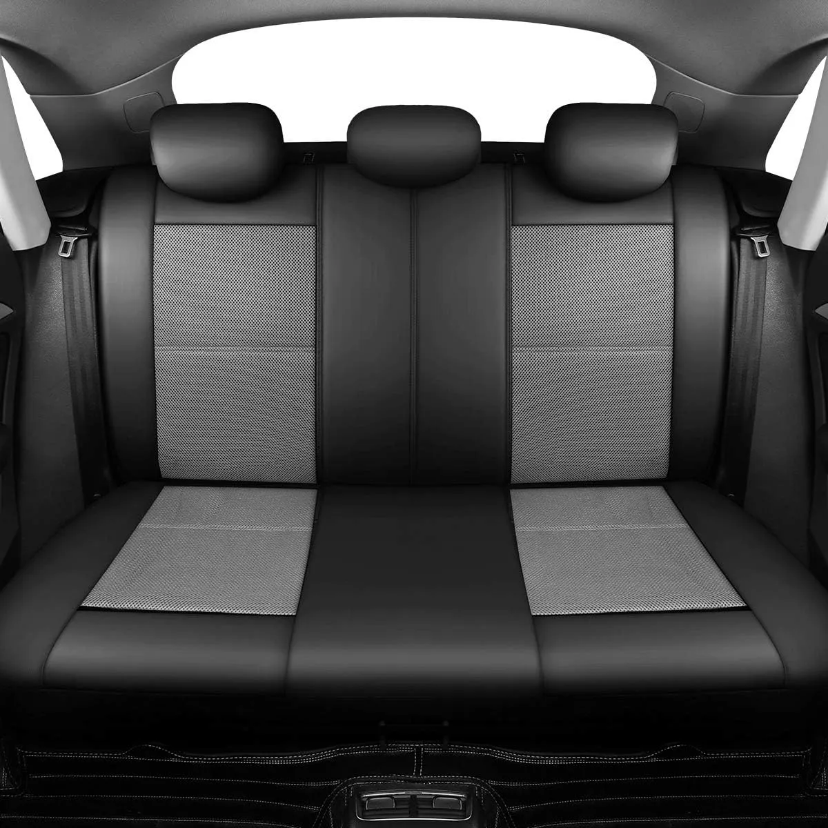 P&J AUTO Leather and Mesh High Back Car Seat Cover Full Set Integrated Bucket Seat Airbag Compatible (Grey)