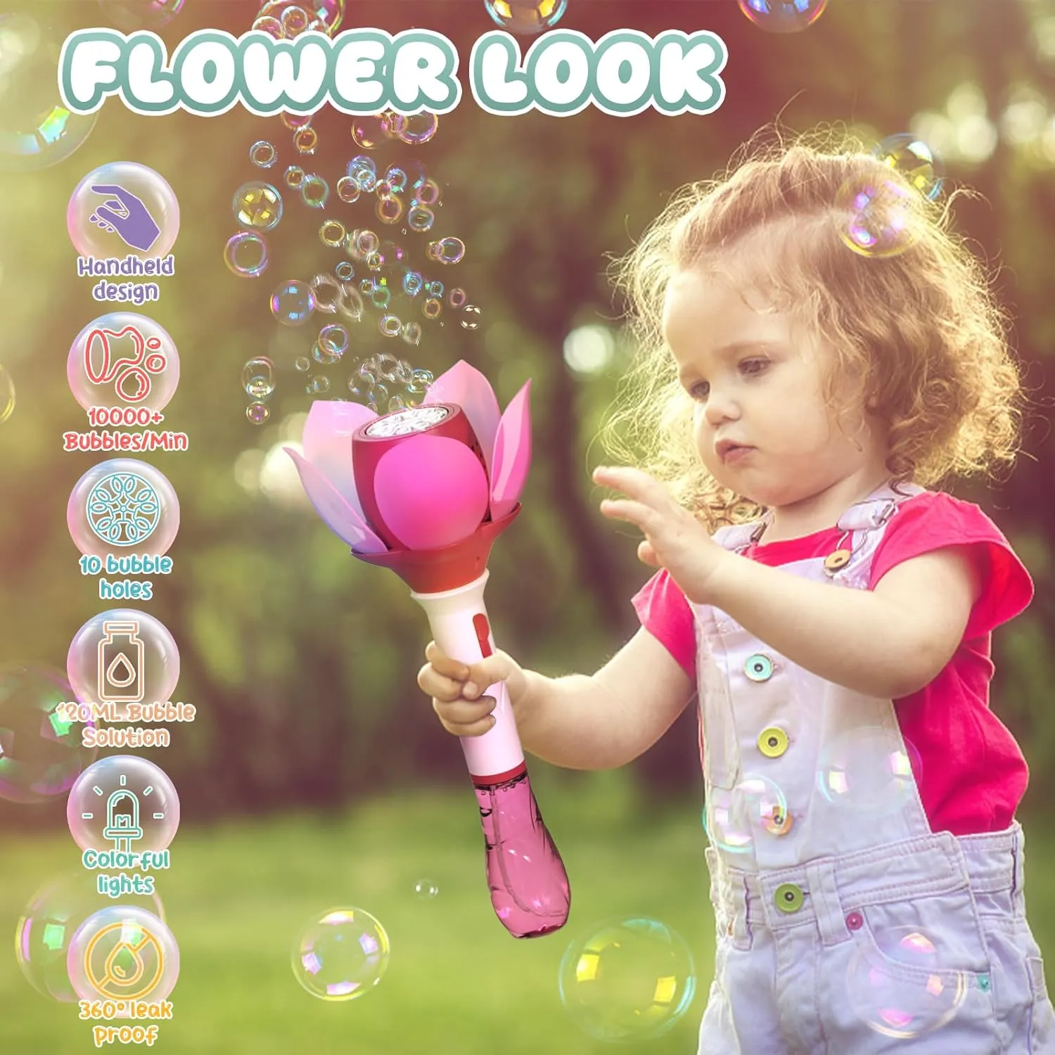 PANACARE Bubble Wand Blower for Kids Handheld Lotus Bubble Wand Automatic Bubble Machine with Battery/Light/10000 Bubbles/Bubble Solution Bubble Toy Gift for Girl Boys Party Weddings Outdoor Indoor