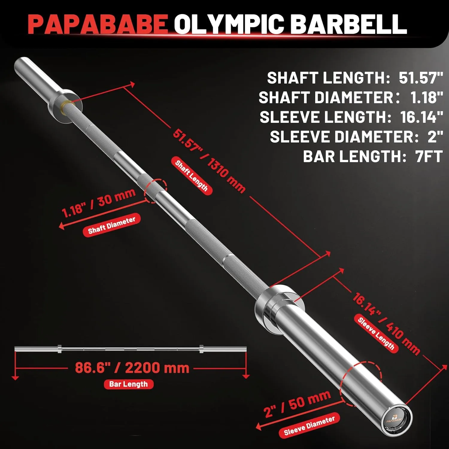 PAPABABE Olympic Barbell, 2-inch 45lb 7ft/35lb 6.5ft Weight Bar for Strength Training. 1000lb/1200lb Plus Capacity, Chrome/Zinc Plating, knurled Grip for Bench Press Deadlift Squat