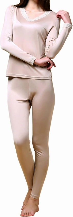 Paradise Silk Pure Silk Knit Women Double Jersey Lace V Neckline Long Johns Set