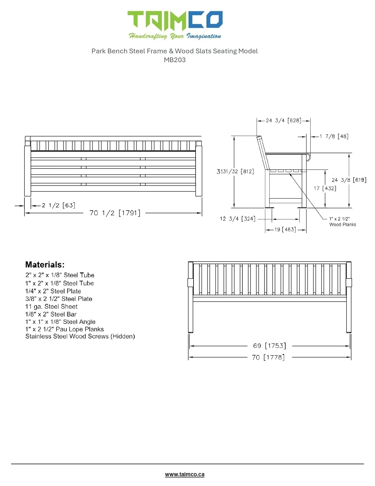 Park Bench Steel Frame & Wood Slats Seating | Model MB203