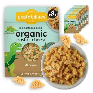 Pastabilities Organic Pasta for Kids - Dinosaur Shaped Mac and Cheese - Fun Theme, Family Size Serves 4, High Protein, Non-GMO Natural Wheat Pasta, All-Natural, Kosher Certified, Made in the USA, (6 Pack, 9 Oz)