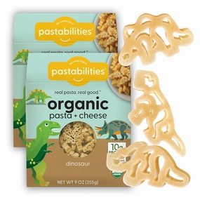 Pastabilities Organic Pasta for Kids - Dinosaur Shaped Mac and Cheese - Fun Theme, Family Size Serves 4, High Protein, Non-GMO Natural Wheat Pasta, All-Natural, Kosher Certified, Made in the USA, (2 Pack, 9 Oz)