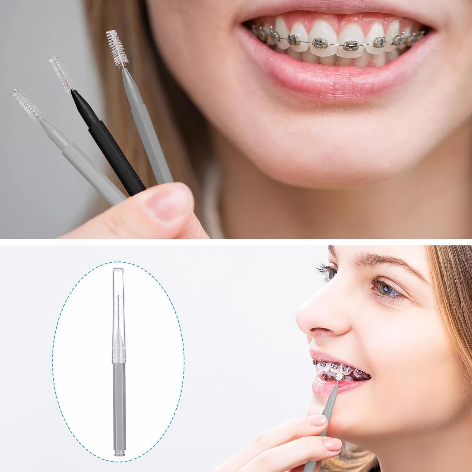 Patelai 100 Pieces Braces Brush for Cleaner Interdental Brush Toothpick Dental Tooth Flossing Head Oral Dental Hygiene Flosser Toothpick Cleaners Tooth Cleaning Tool (Black, Grey,Suitable Size)