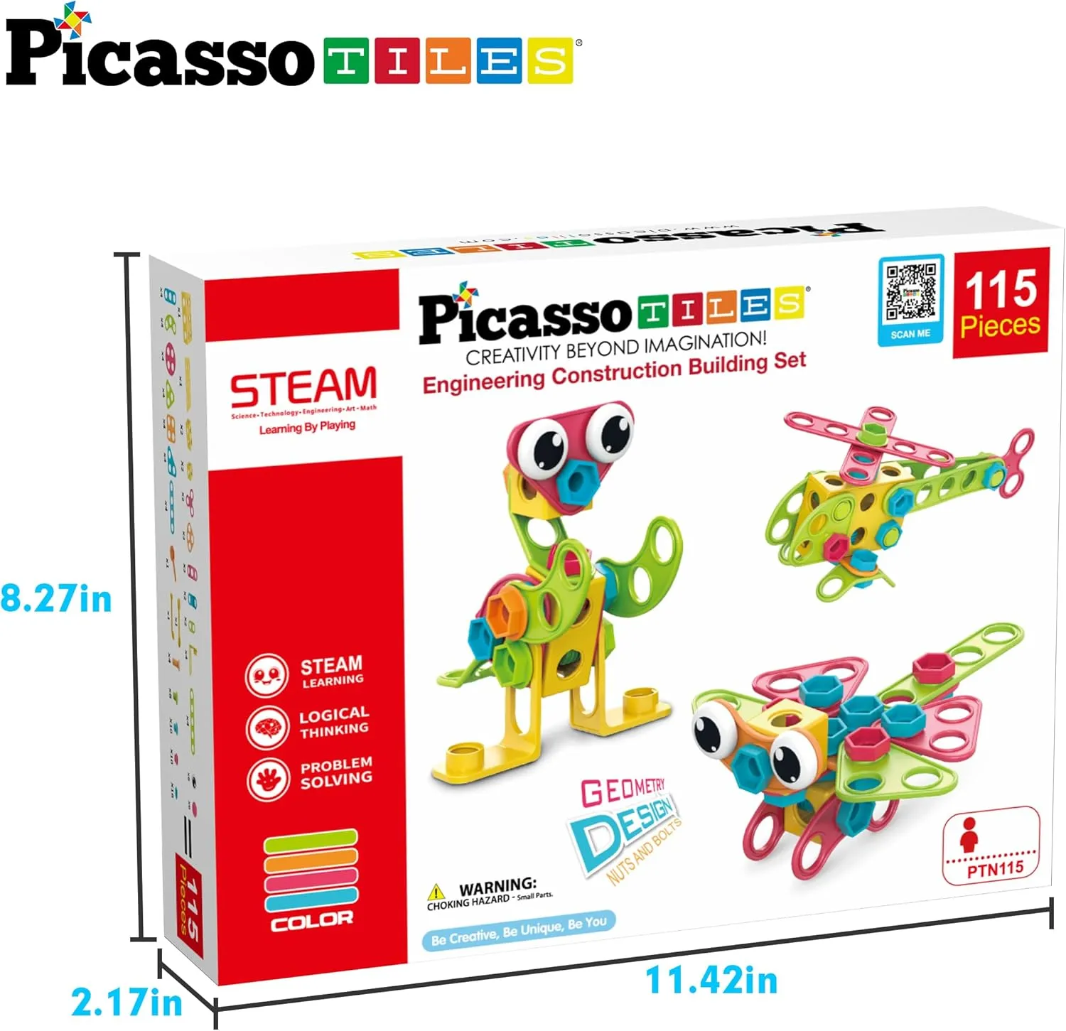 PicassoTiles 115 Piece Building Blocks Set Kids STEM Toy Construction Engineering Sensory Toys Kit Block Children Early Education Playset with FREE IdeaBook, Clickable Ratchet Age 3  Boys Girls PTN115