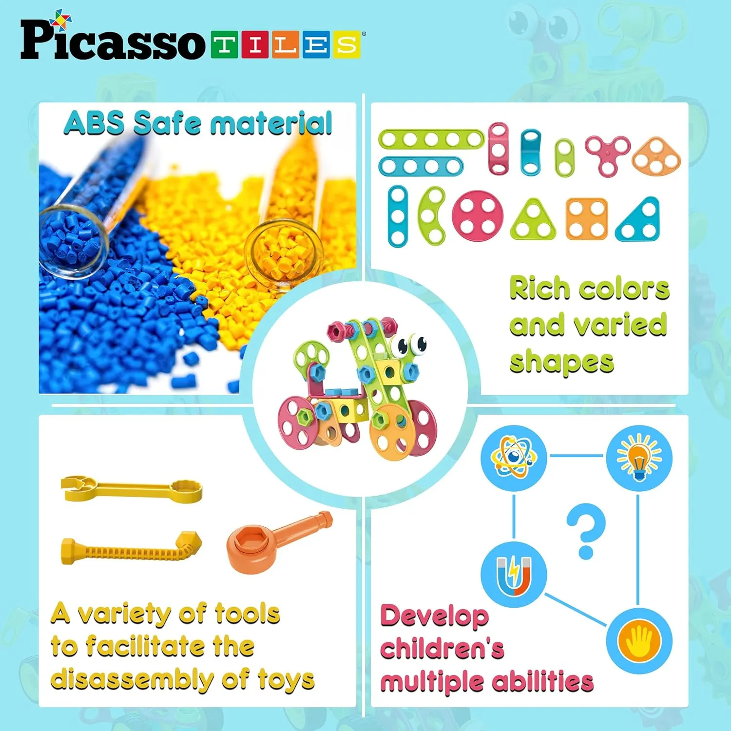 PicassoTiles 115 Piece Building Blocks Set Kids STEM Toy Construction Engineering Sensory Toys Kit Block Children Early Education Playset with FREE IdeaBook, Clickable Ratchet Age 3  Boys Girls PTN115