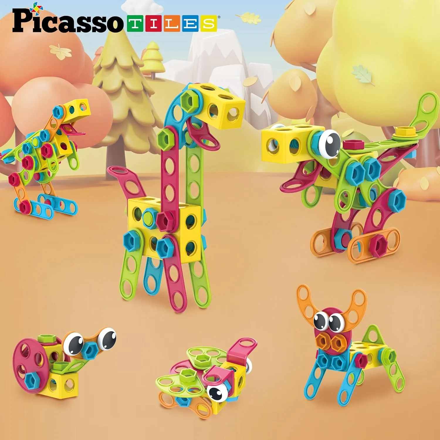 PicassoTiles 115 Piece Building Blocks Set Kids STEM Toy Construction Engineering Sensory Toys Kit Block Children Early Education Playset with FREE IdeaBook, Clickable Ratchet Age 3  Boys Girls PTN115