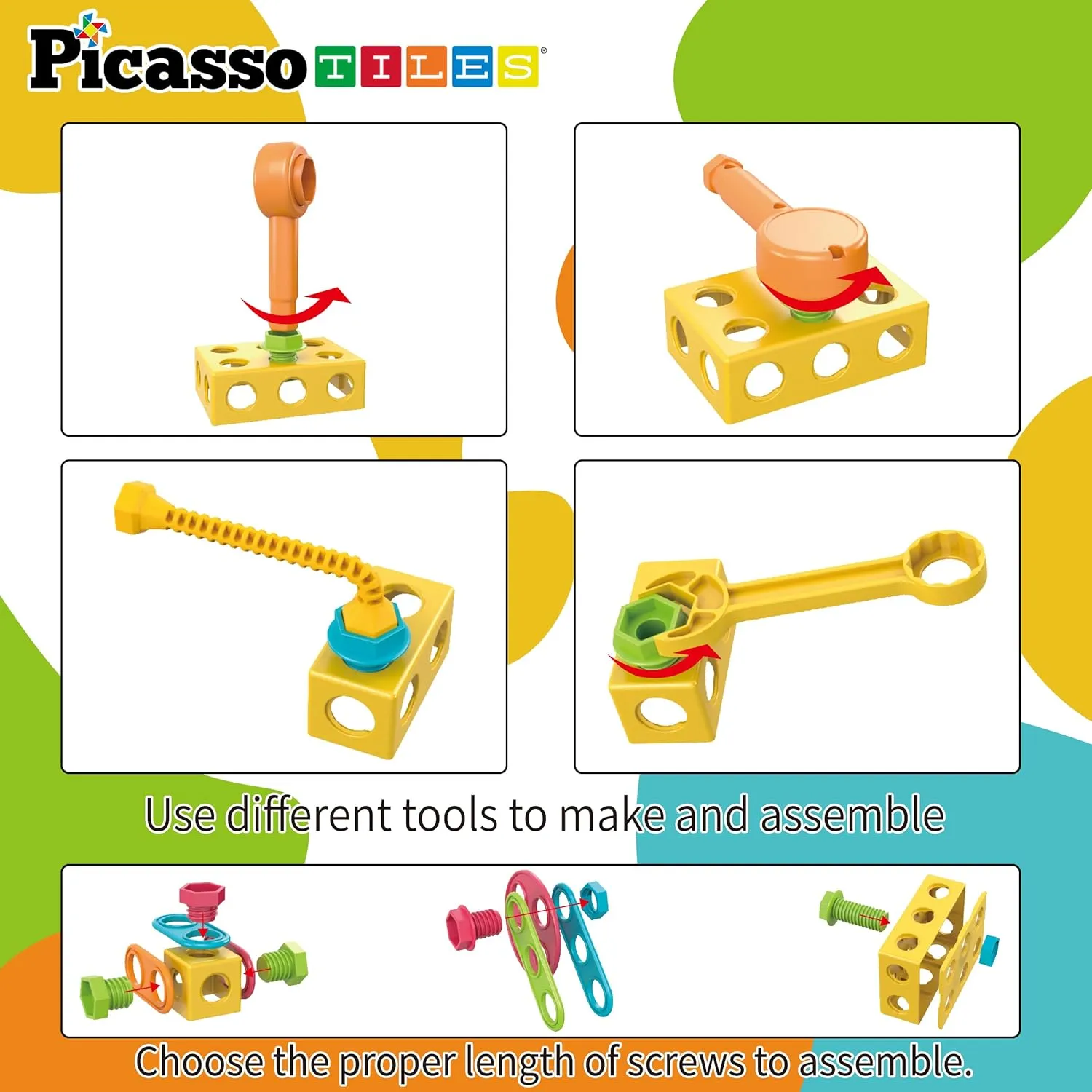 PicassoTiles 115 Piece Building Blocks Set Kids STEM Toy Construction Engineering Sensory Toys Kit Block Children Early Education Playset with FREE IdeaBook, Clickable Ratchet Age 3  Boys Girls PTN115