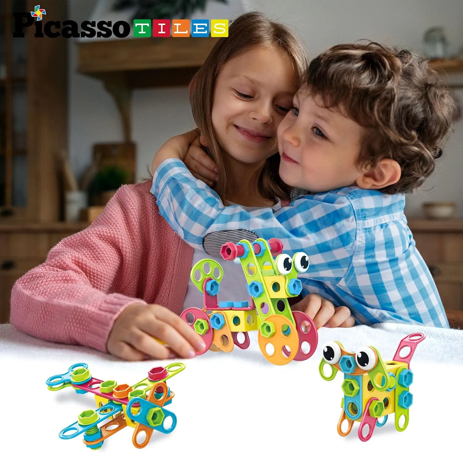 PicassoTiles 115 Piece Building Blocks Set Kids STEM Toy Construction Engineering Sensory Toys Kit Block Children Early Education Playset with FREE IdeaBook, Clickable Ratchet Age 3  Boys Girls PTN115