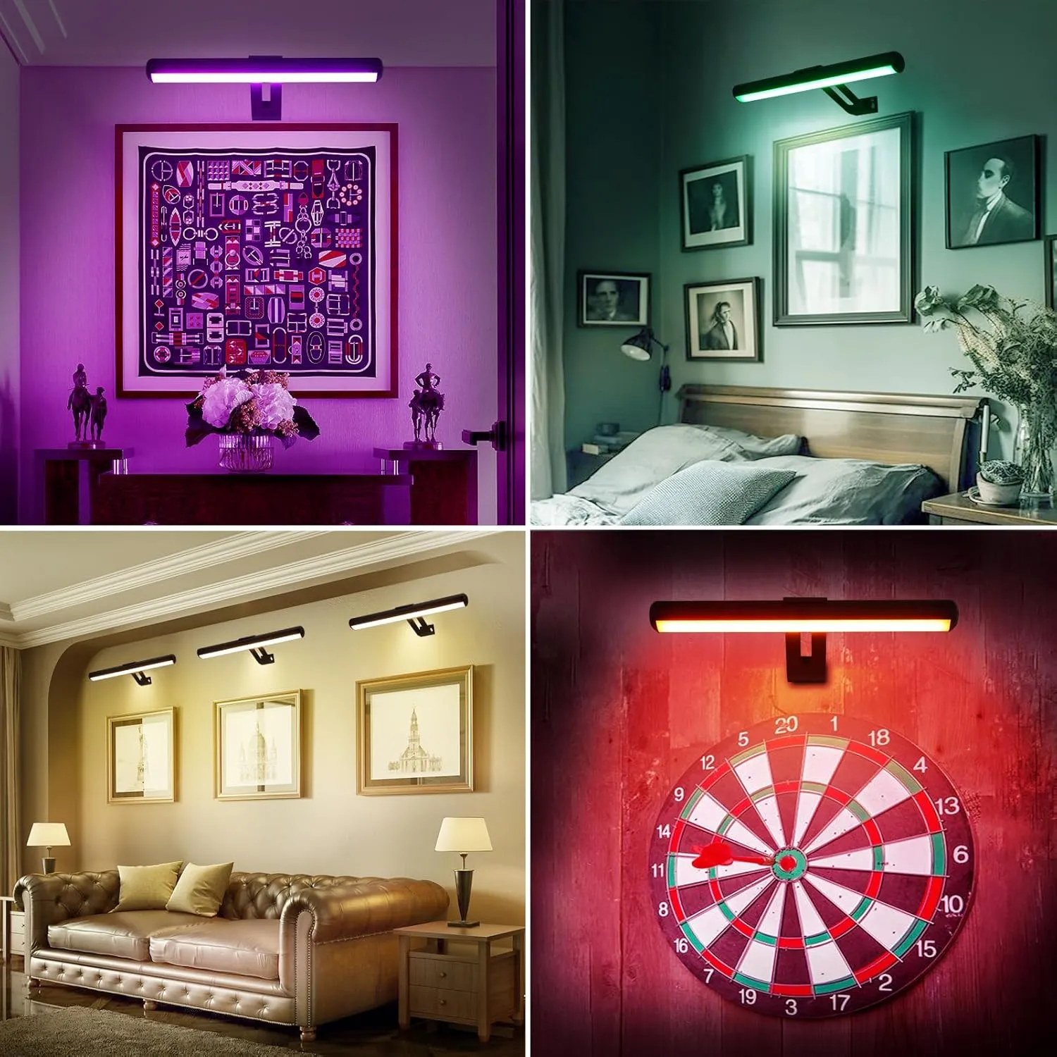 Picture Light Battery Operated, Picture Lights for Wall, Wireless Picture Light with Remote for Paintings, 48 LED, 16 Color Changing, Dartboard Light with 2 Base for Art-Black