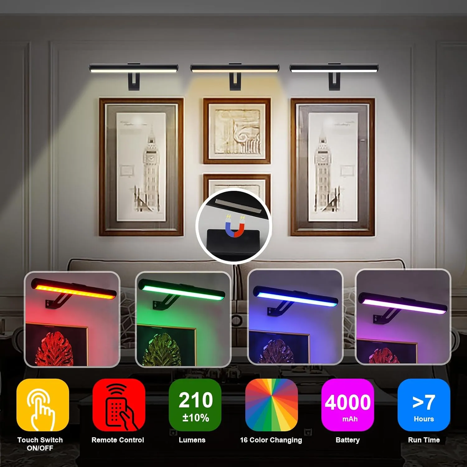 Picture Light Battery Operated, Picture Lights for Wall, Wireless Picture Light with Remote for Paintings, 48 LED, 16 Color Changing, Dartboard Light with 2 Base for Art-Black