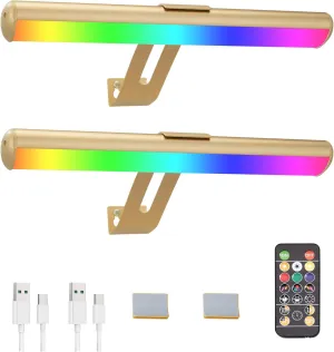 Picture Light Battery Operated, Picture Lights for Wall, Wireless Picture Light with Remote for Paintings, 48 LED, 16 Color Changing, Dartboard Light with 2 Base for Art, Gold-2Pack
