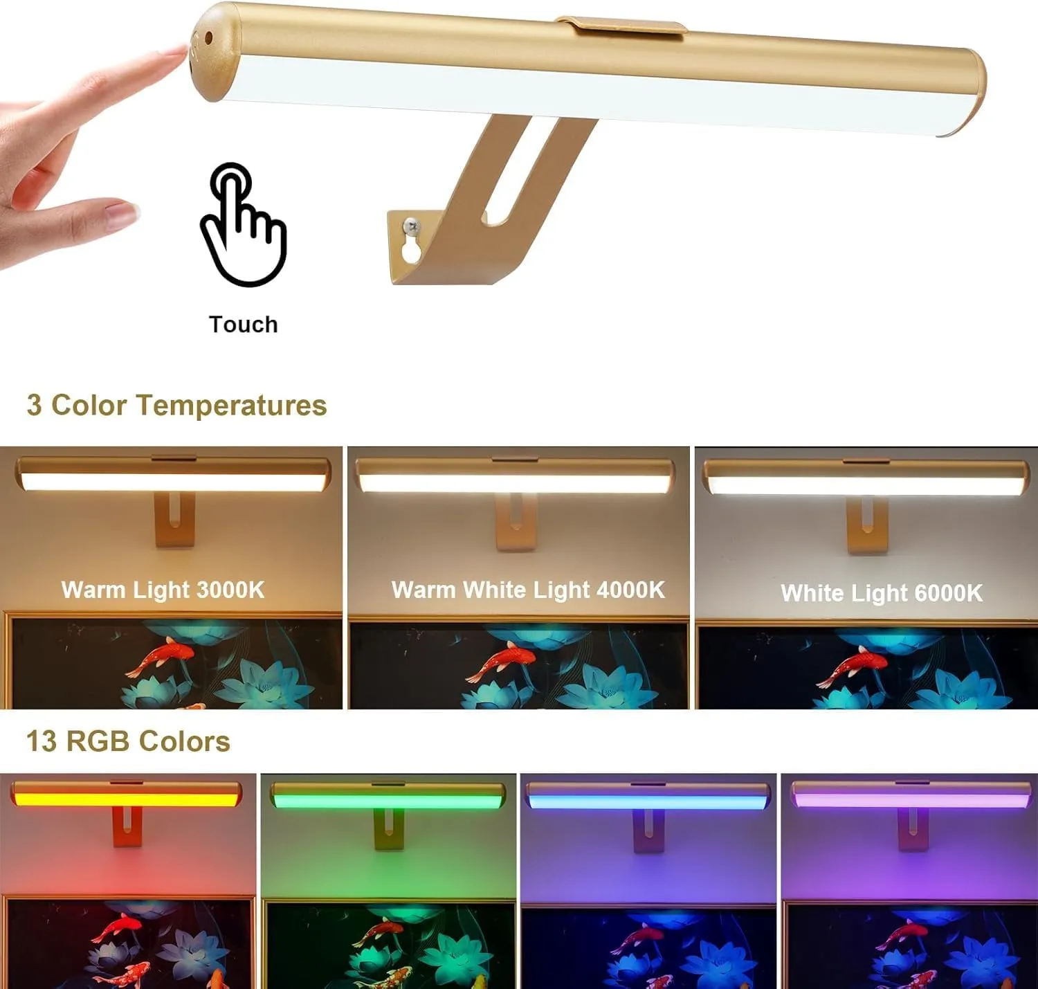 Picture Light Battery Operated, Picture Lights for Wall, Wireless Picture Light with Remote for Paintings, 48 LED, 16 Color Changing, Dartboard Light with 2 Base for Art, Gold-2Pack