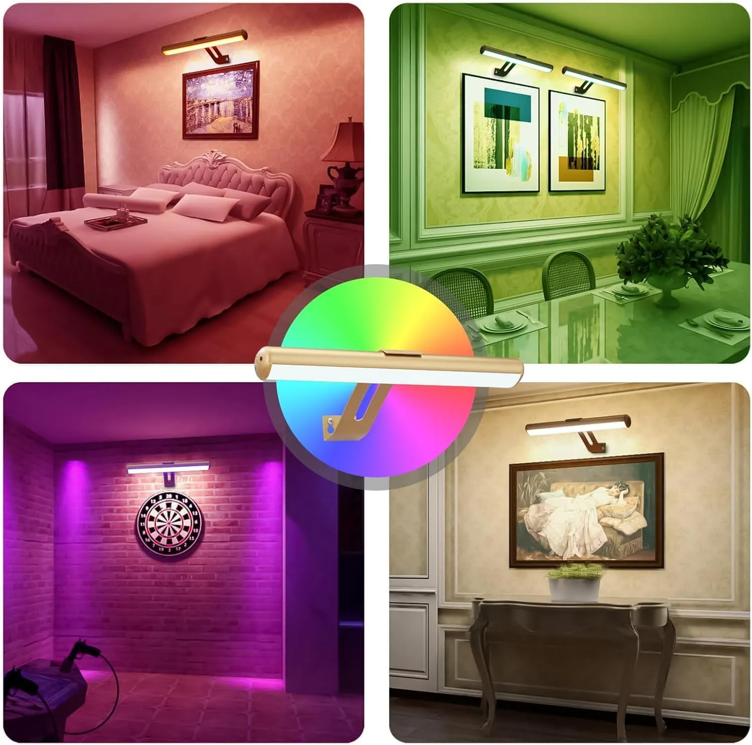 Picture Light Battery Operated, Picture Lights for Wall, Wireless Picture Light with Remote for Paintings, 48 LED, 16 Color Changing, Dartboard Light with 2 Base for Art, Gold-2Pack